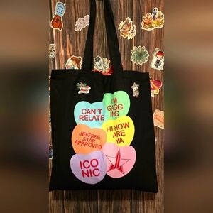 JEFFREE STAR black Tote Bag with Colorful Heart Designs And 2 pins